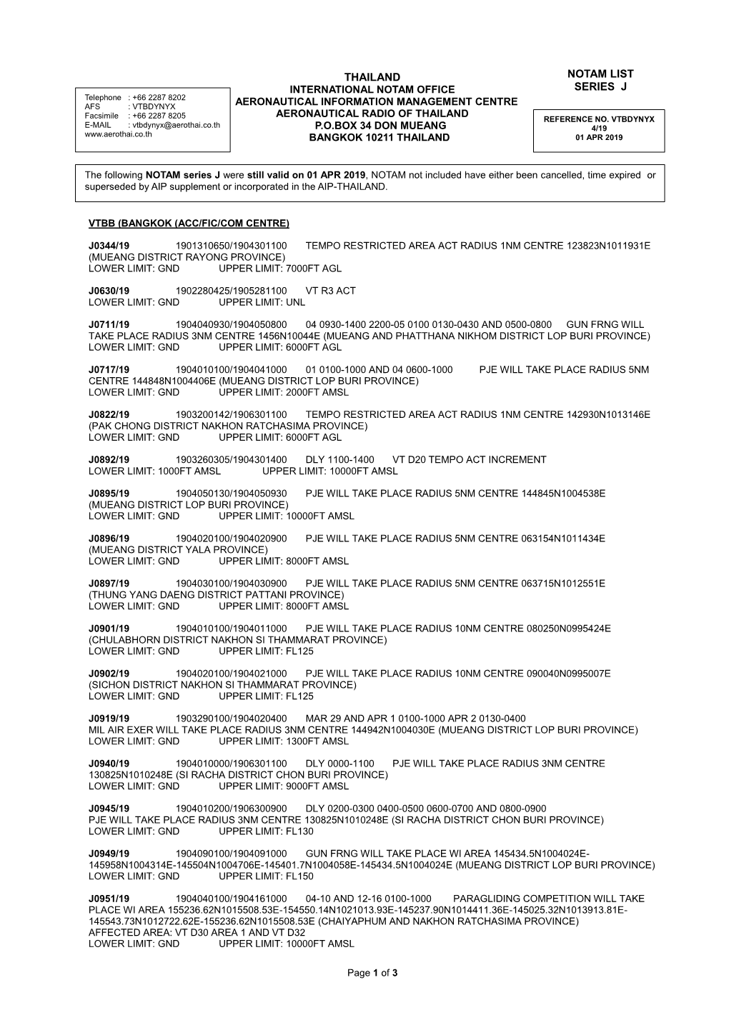 Thailand Notam List Series J