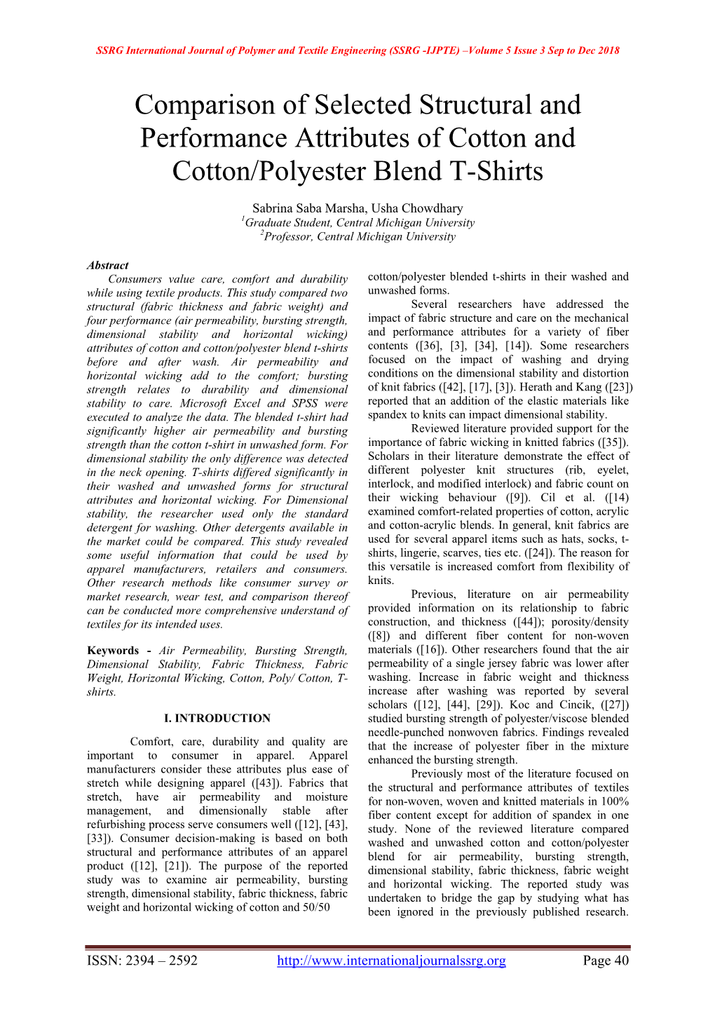 Comparison of Selected Structural and Performance Attributes of Cotton and Cotton/Polyester Blend T-Shirts