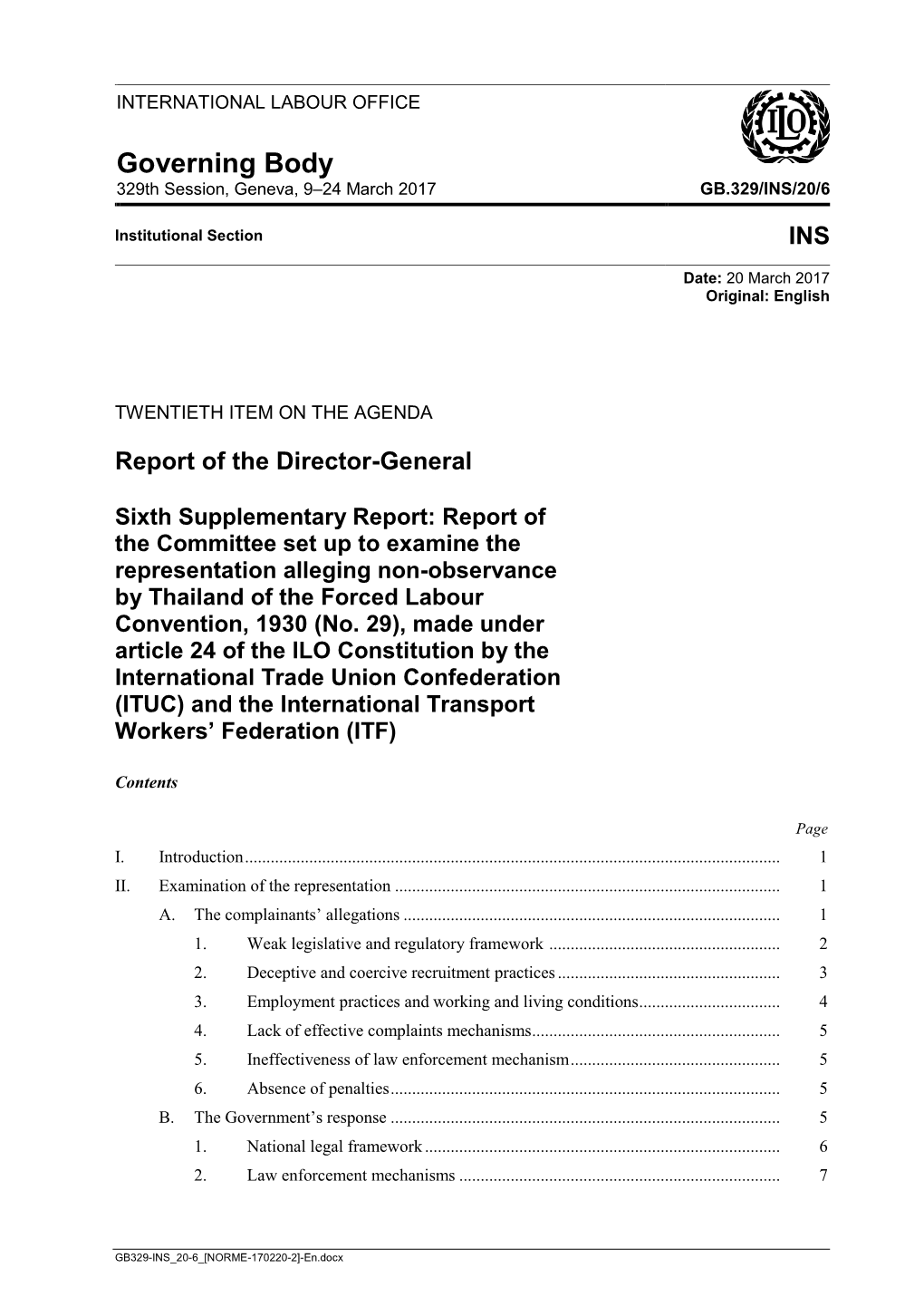 Representation Alleging Non-Observance by Thailand of the Forced Labour Convention, 1930 (No