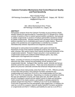 Cadomin Formation Mechanisms That Control Reservoir Quality and Fluid Sensitivity