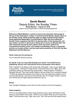 Sarah Baxter Deputy Editor, the Sunday Times Media Masters – August 23, 2018 Listen to the Podcast Online, Visit