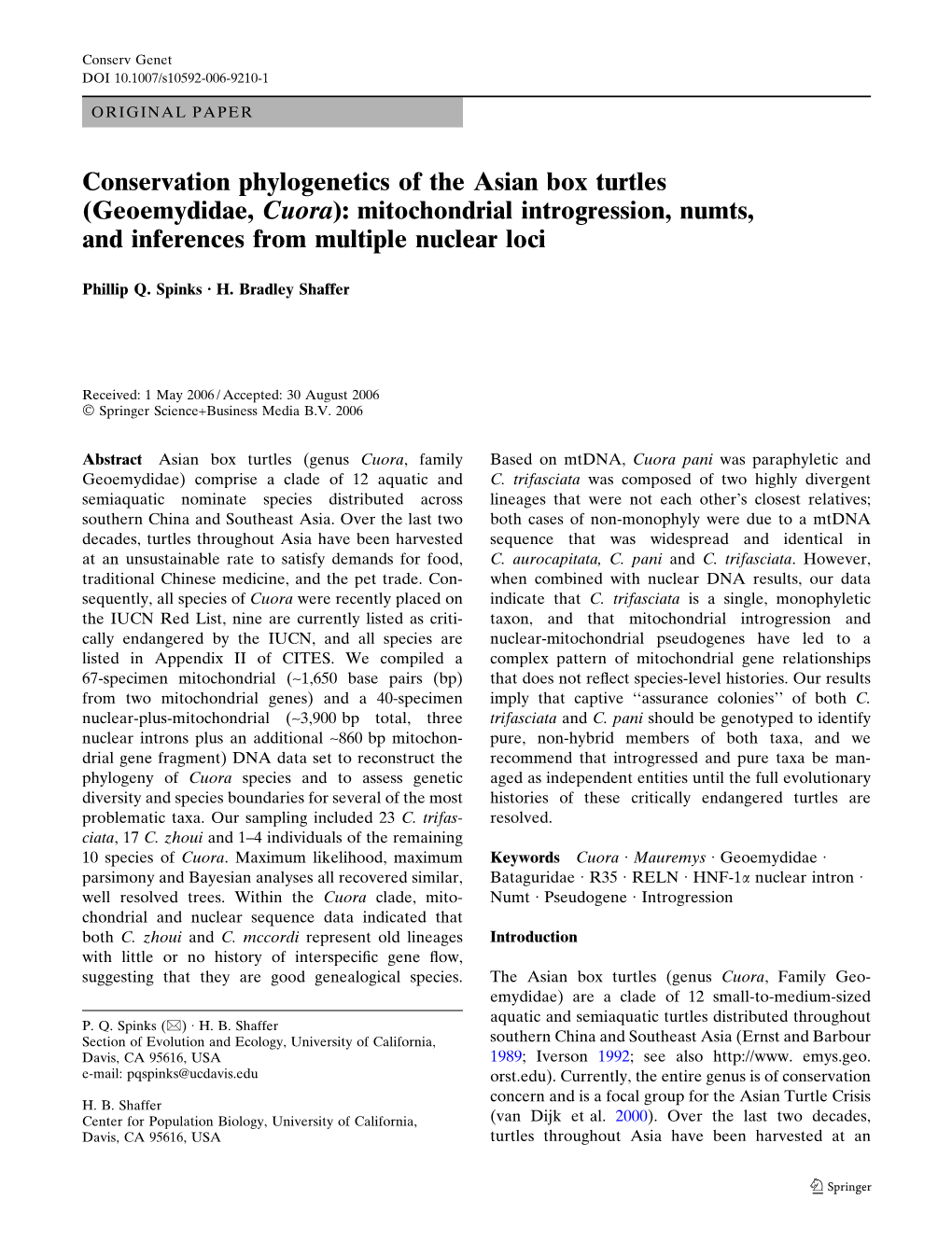 (Geoemydidae, Cuora): Mitochondrial Introgression, Numts, and Inferences from Multiple Nuclear Loci