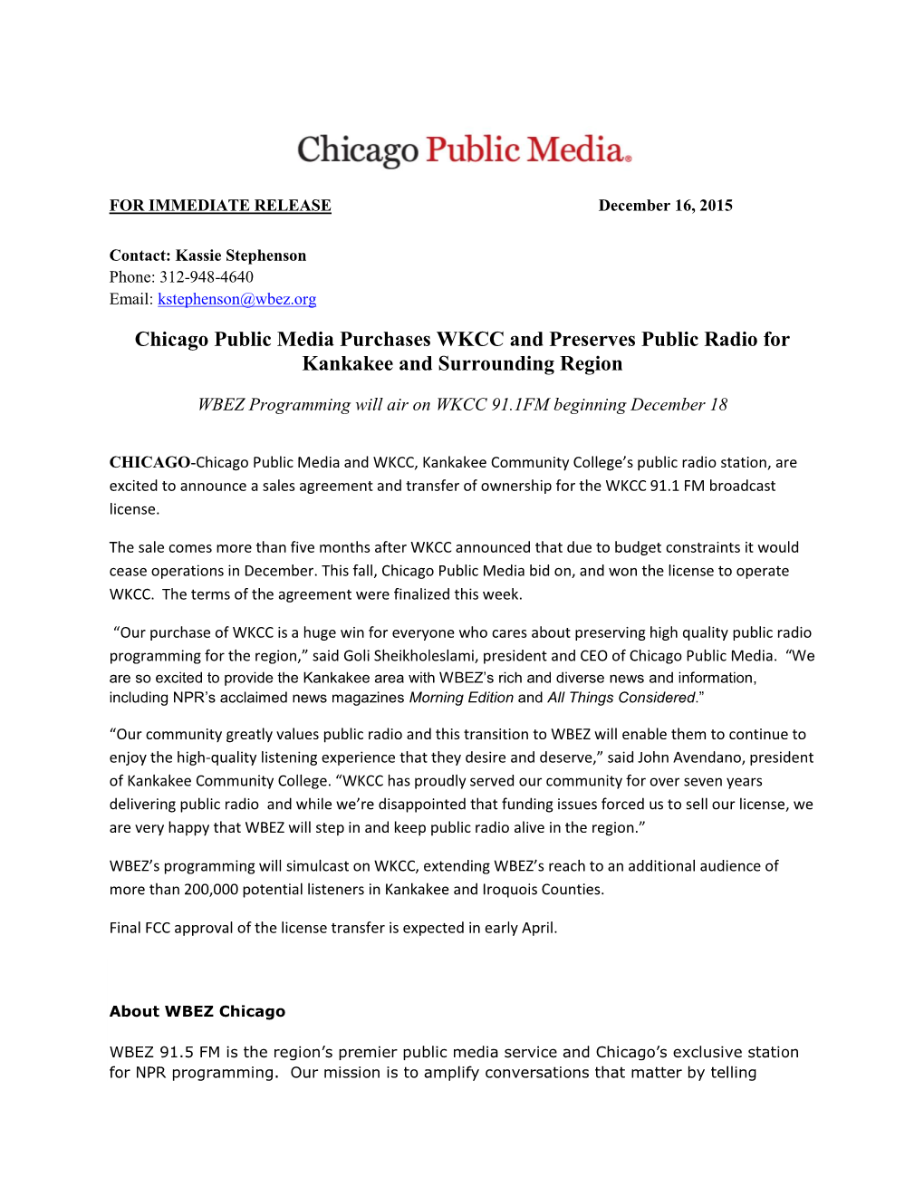Chicago Public Media Purchases WKCC and Preserves Public Radio for Kankakee and Surrounding Region