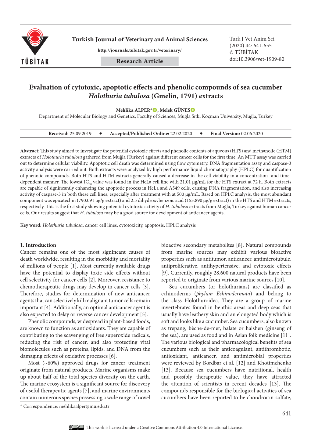 Evaluation of Cytotoxic, Apoptotic Effects and Phenolic Compounds of Sea Cucumber Holothuria Tubulosa (Gmelin, 1791) Extracts