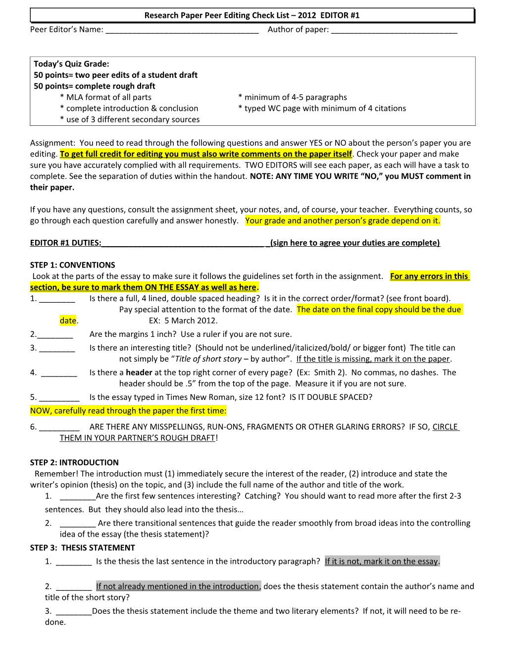 Research Paper Peer Editing Check List - 2012