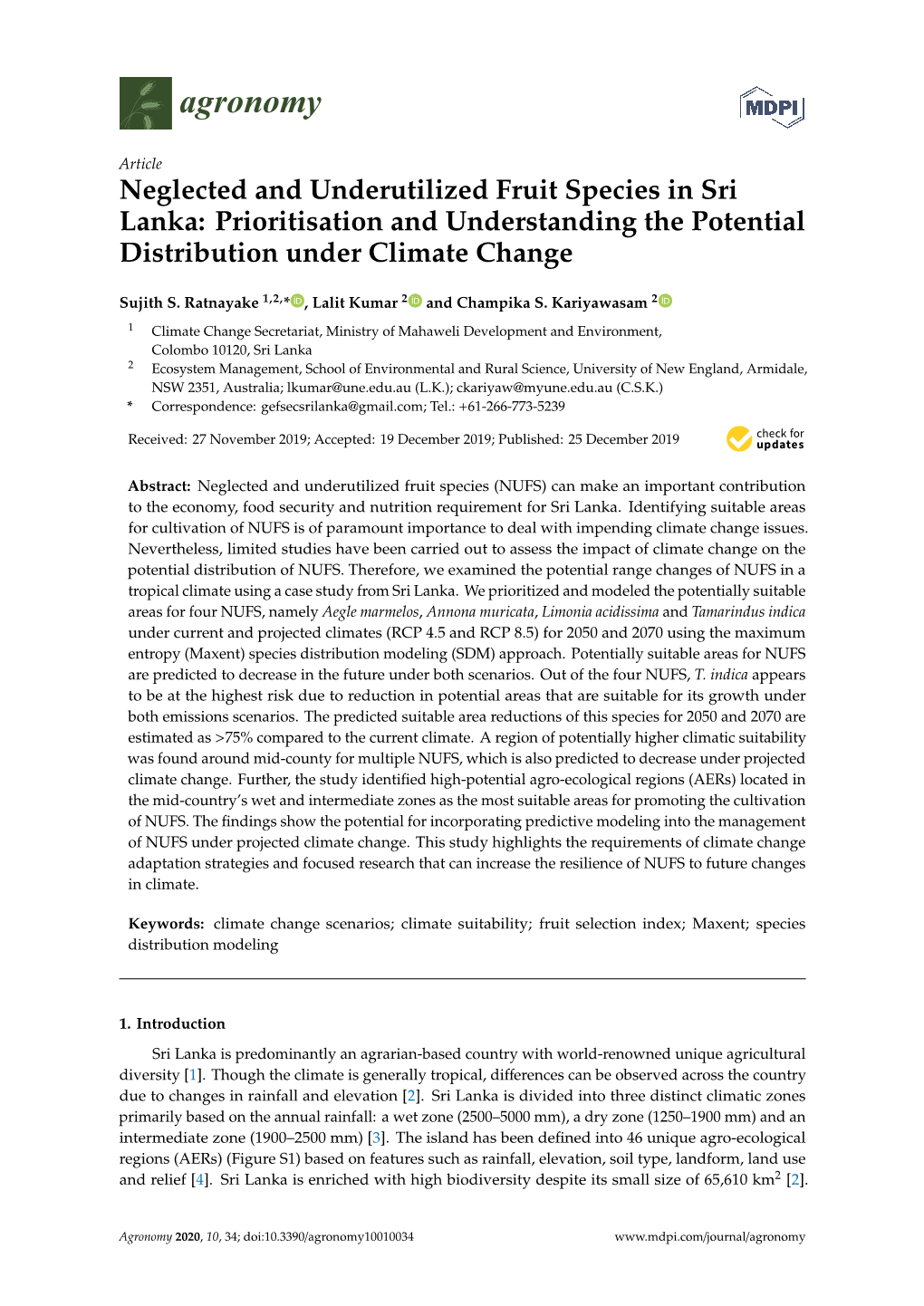 Neglected and Underutilized Fruit Species in Sri Lanka: Prioritisation and Understanding the Potential Distribution Under Climate Change