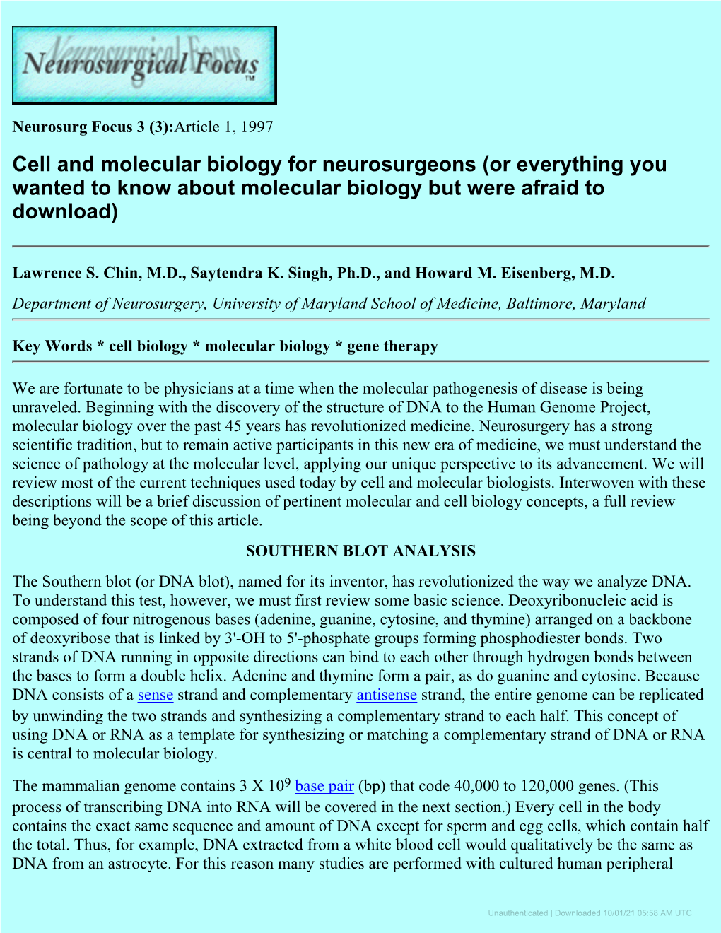 Cell and Molecular Biology for Neurosurgeons (Or Everything You Wanted to Know About Molecular Biology but Were Afraid to Download)