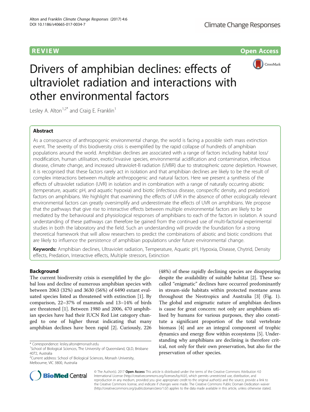 Drivers of Amphibian Declines: Effects of Ultraviolet Radiation and Interactions with Other Environmental Factors Lesley A