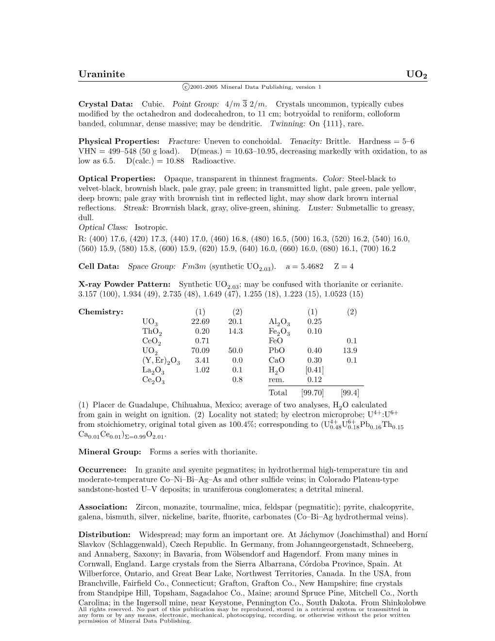 Uraninite UO2 C 2001-2005 Mineral Data Publishing, Version 1