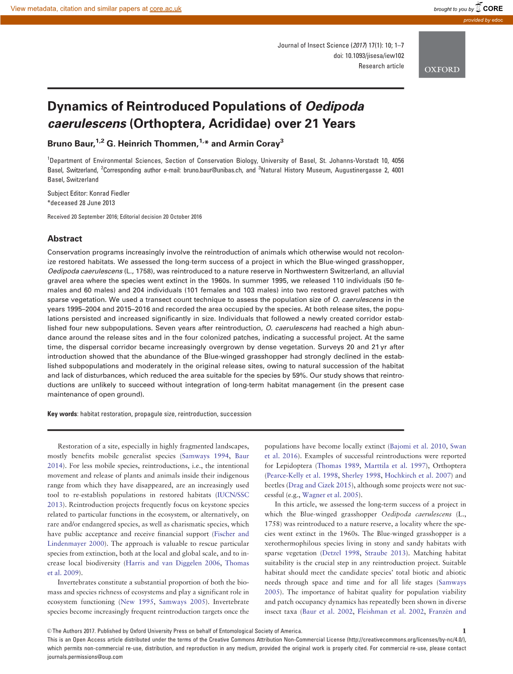 Dynamics of Reintroduced Populations of Oedipoda Caerulescens (Orthoptera, Acrididae) Over 21 Years