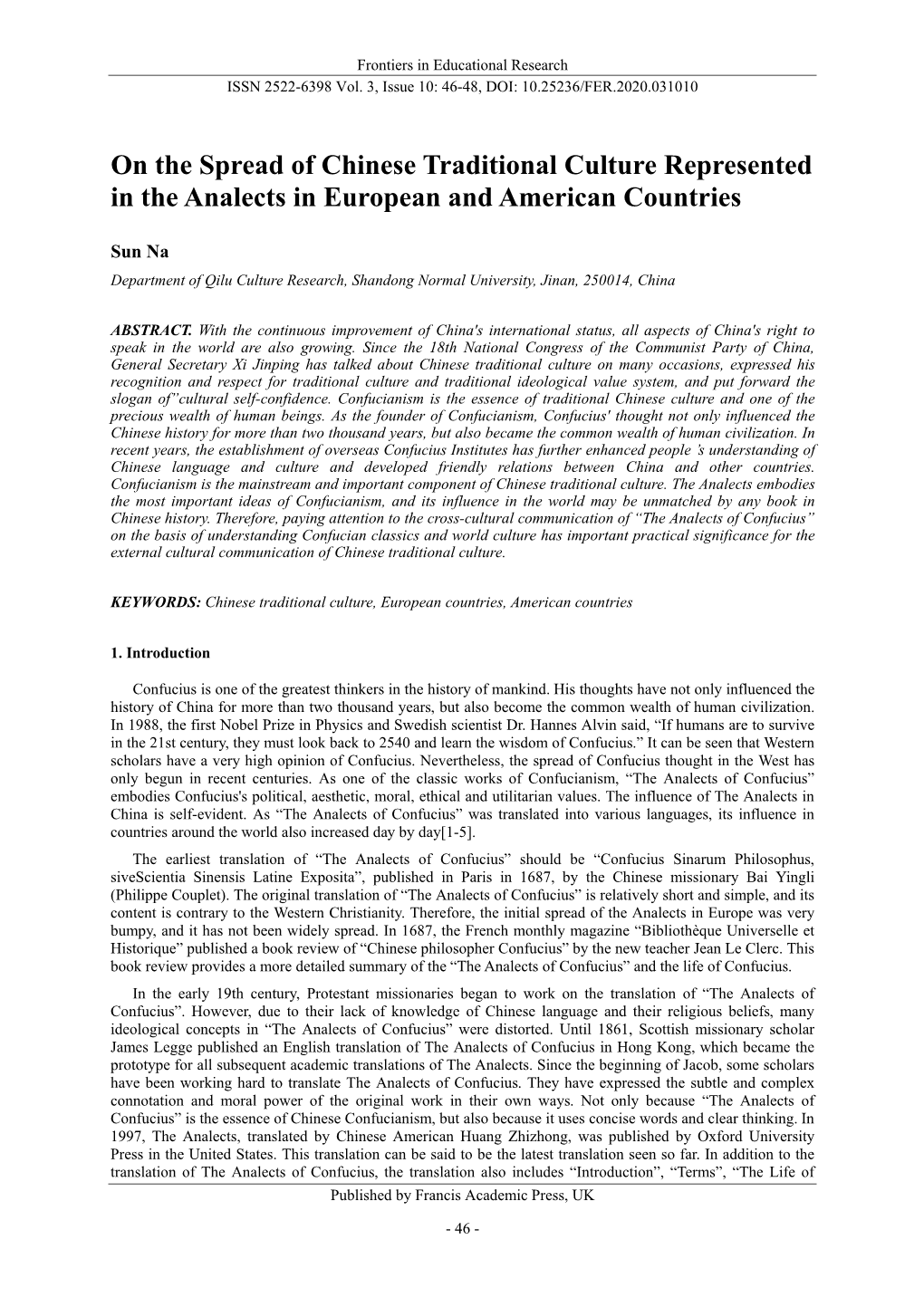 On the Spread of Chinese Traditional Culture Represented in the Analects in European and American Countries