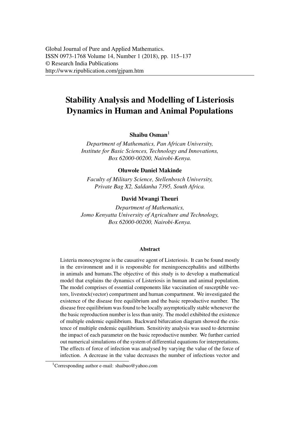 Stability Analysis and Modelling of Listeriosis Dynamics in Human and Animal Populations