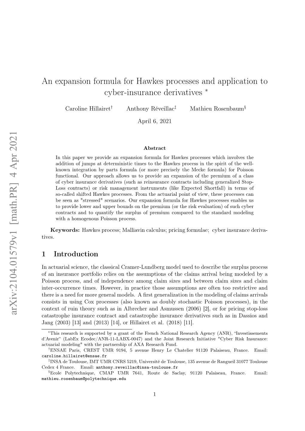 An Expansion Formula for Hawkes Processes and Application to Cyber-Insurance Derivatives ∗