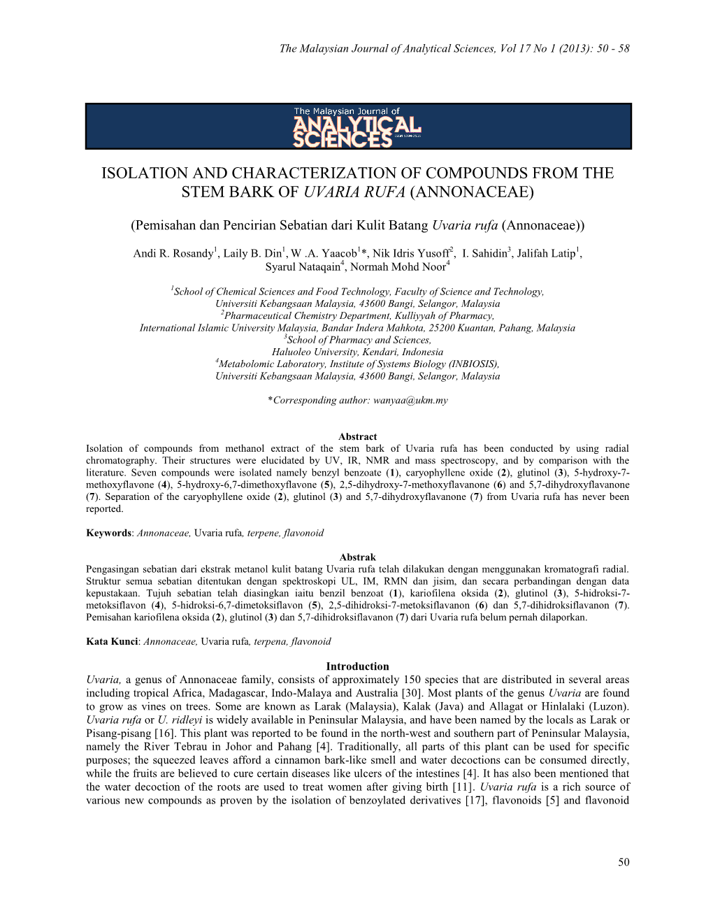 Isolation and Characterization of Compounds from the Stem Bark of Uvaria Rufa (Annonaceae)