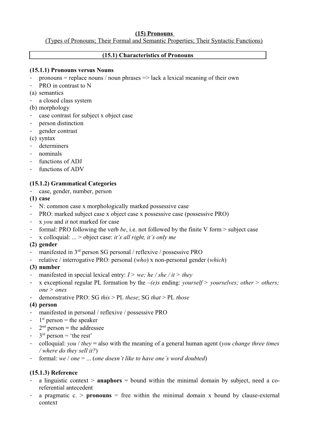 Types of Pronouns; Their Formal and Semantic Properties; Their Syntactic Functions