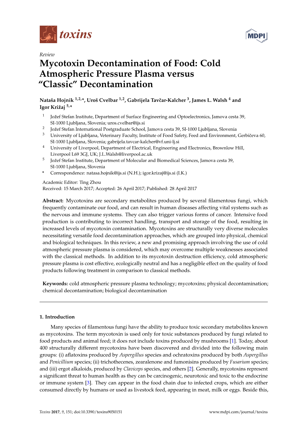 Mycotoxin Decontamination of Food: Cold Atmospheric Pressure Plasma Versus “Classic” Decontamination