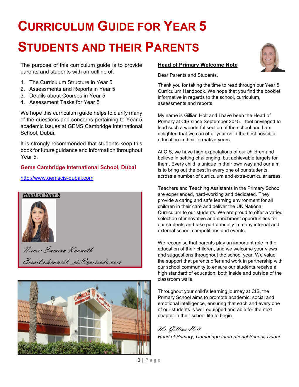 Curriculum Guide for Year 5 Students and Their Parents