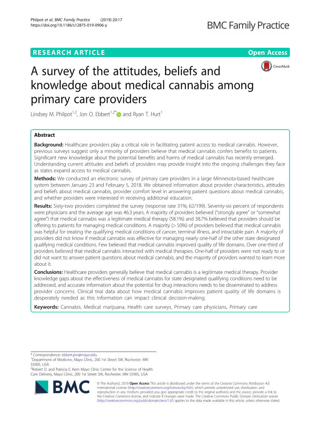 A Survey of the Attitudes, Beliefs and Knowledge About Medical Cannabis Among Primary Care Providers Lindsey M