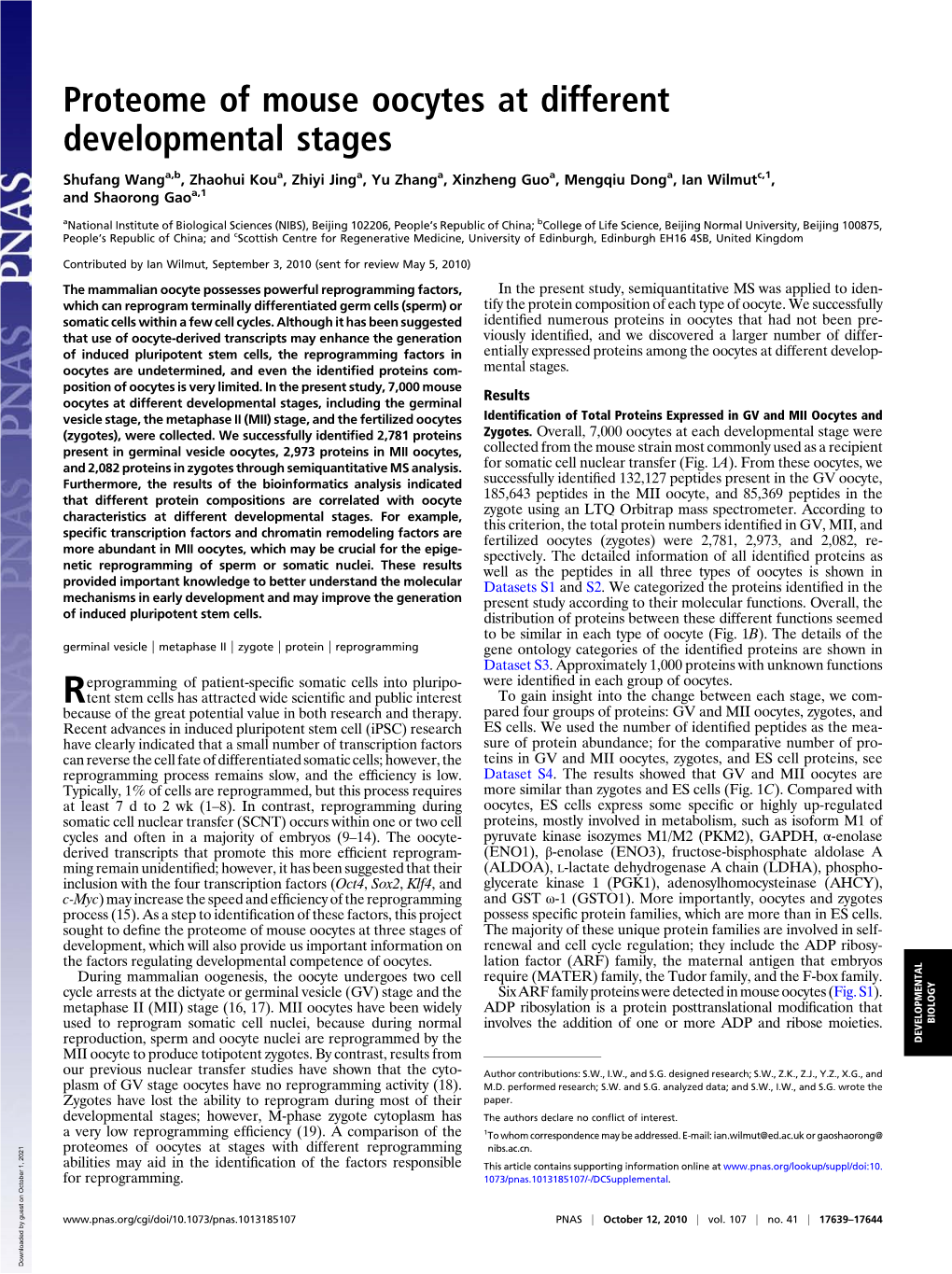 Proteome of Mouse Oocytes at Different Developmental Stages