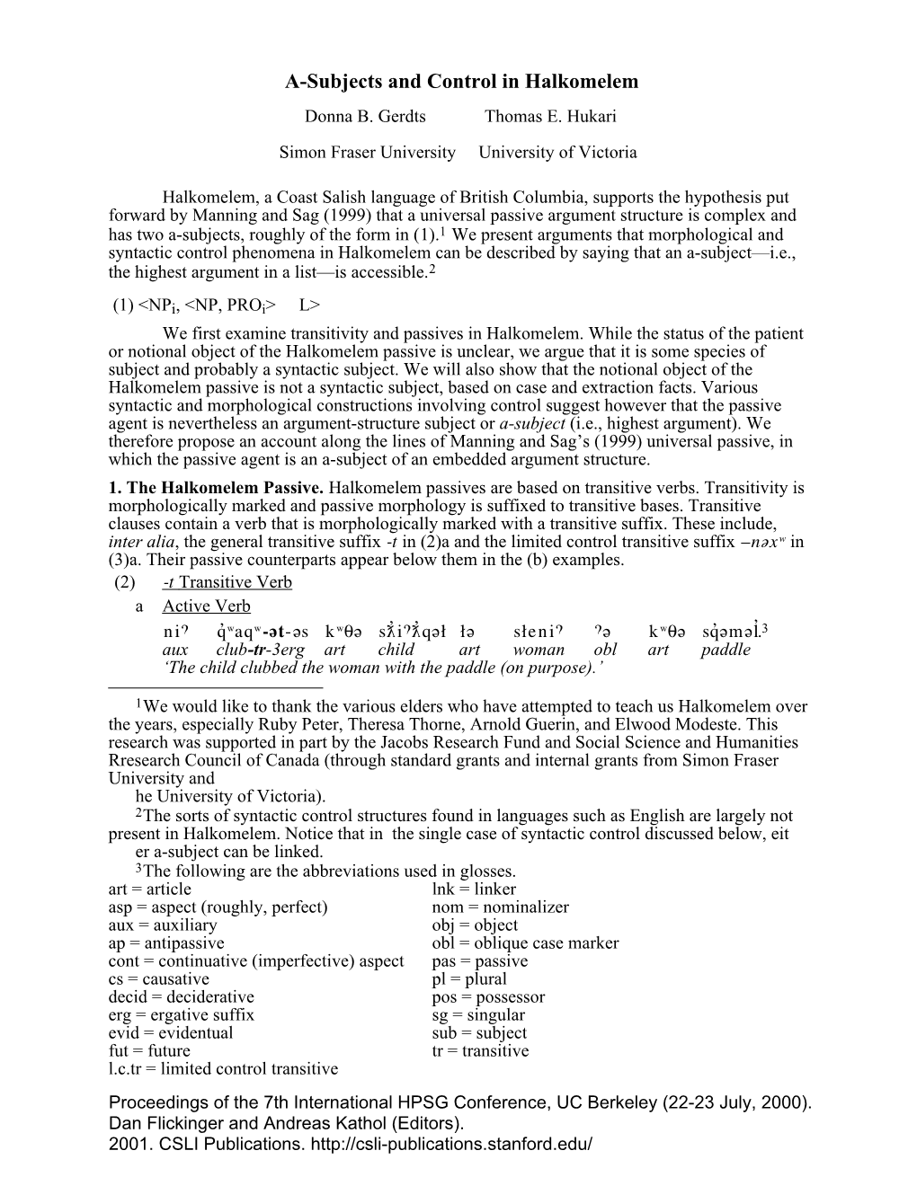 A-Subjects and Control in Halkomelem