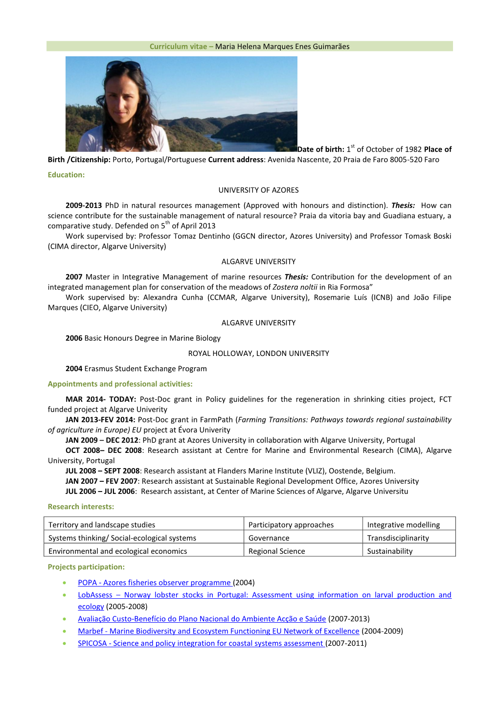 Curriculum Vitae – Maria Helena Marques Enes Guimarães Date Of