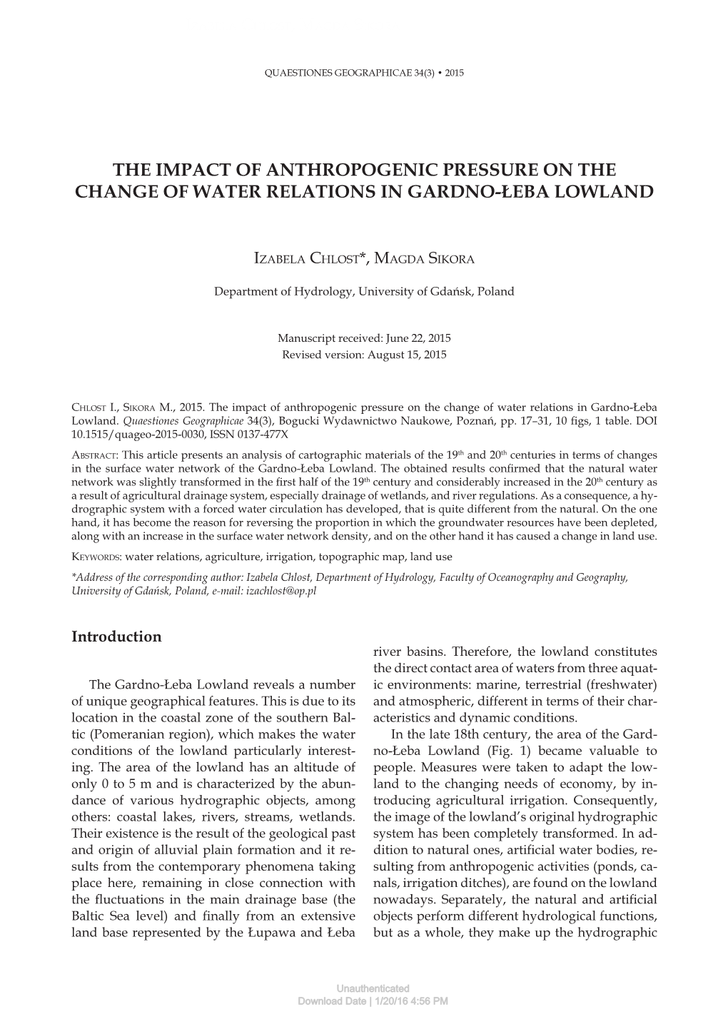 The Impact of Anthropogenic Pressure on the Change of Water Relations in Gardno-Łeba Lowland