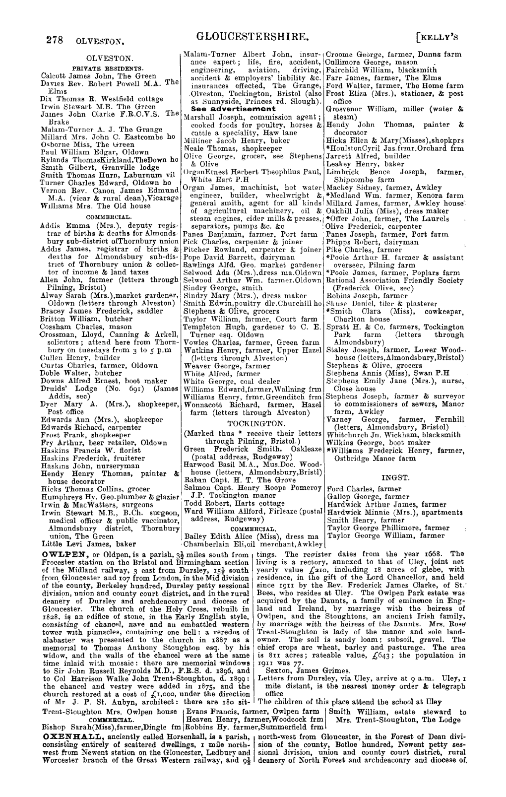 GLOUCESTERSHIRE. 'Lfalam-Turner Albert John, Insur- Croome George, Farmer, Dunns Farm OLVESTON