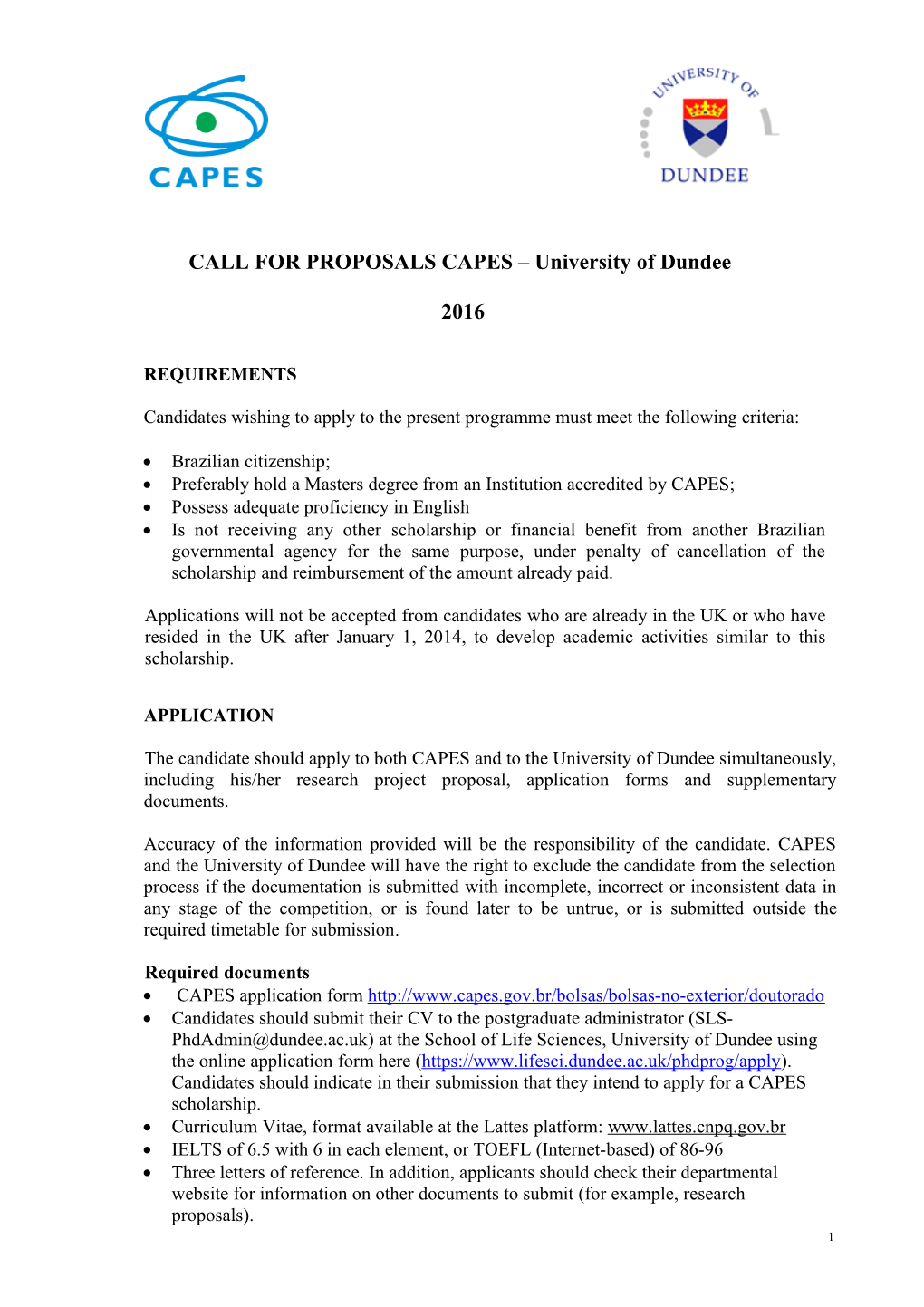 CALL for PROPOSALS CAPES University of Dundee