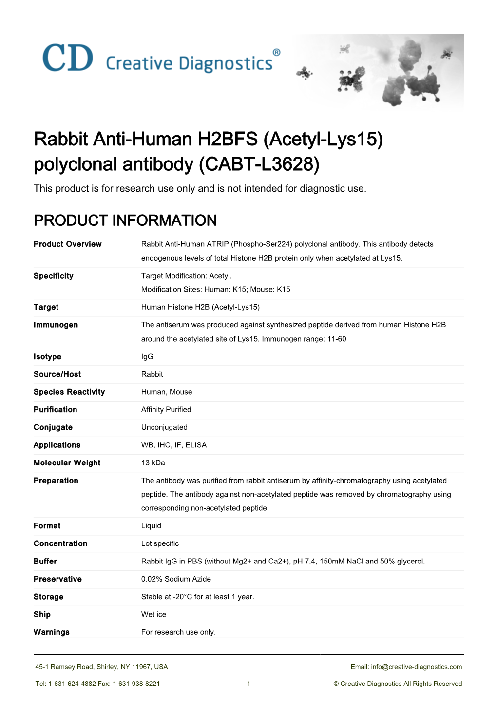 Rabbit Anti-Human H2BFS (Acetyl-Lys15) Polyclonal Antibody (CABT-L3628) This Product Is for Research Use Only and Is Not Intended for Diagnostic Use