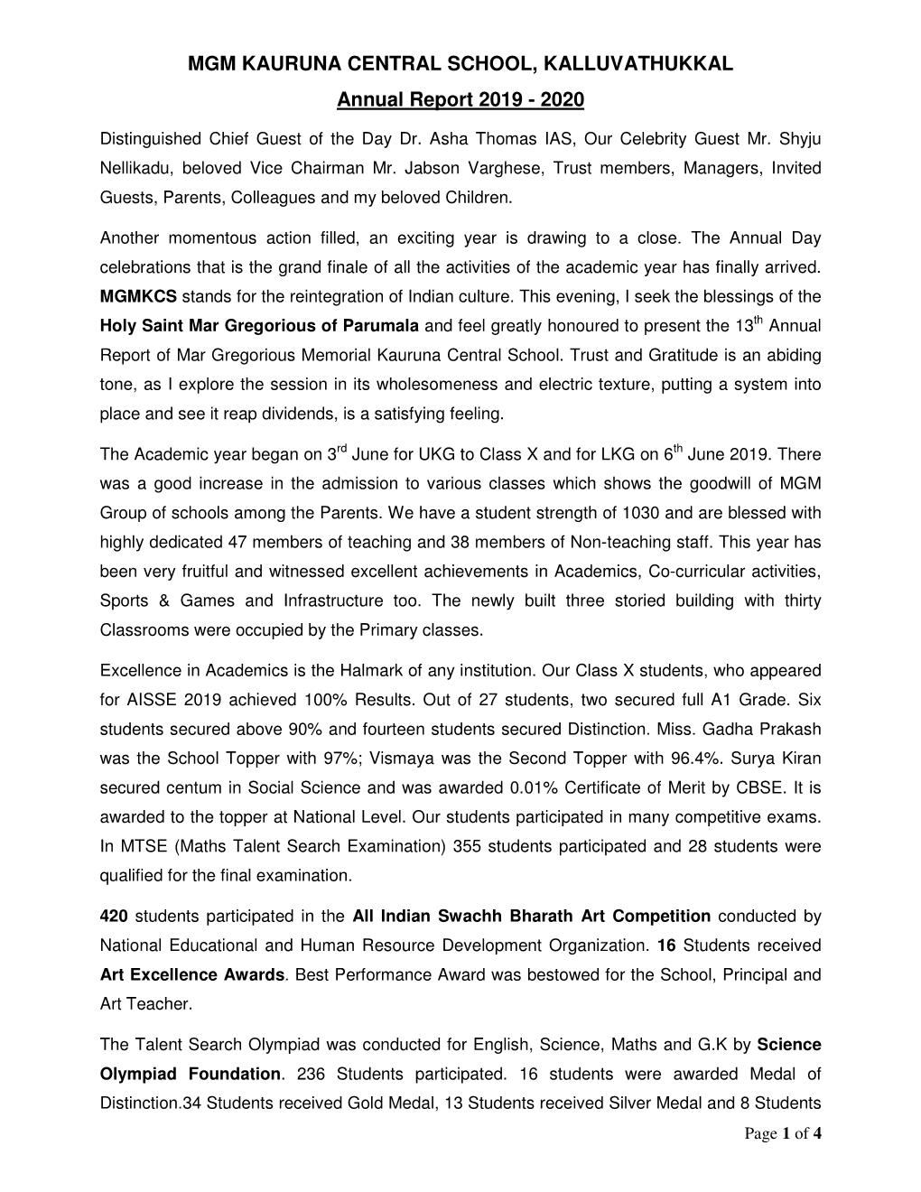 MGM KAURUNA CENTRAL SCHOOL, KALLUVATHUKKAL Annual Report 2019 - 2020