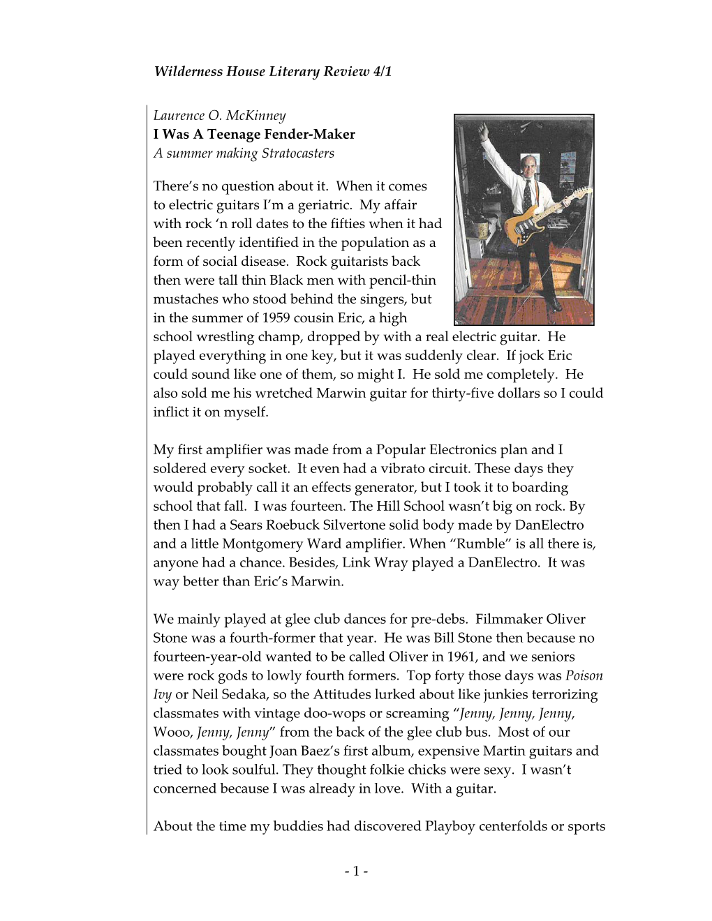 Wilderness House Literary Review 4/1 Laurence O. Mckinney I Was A