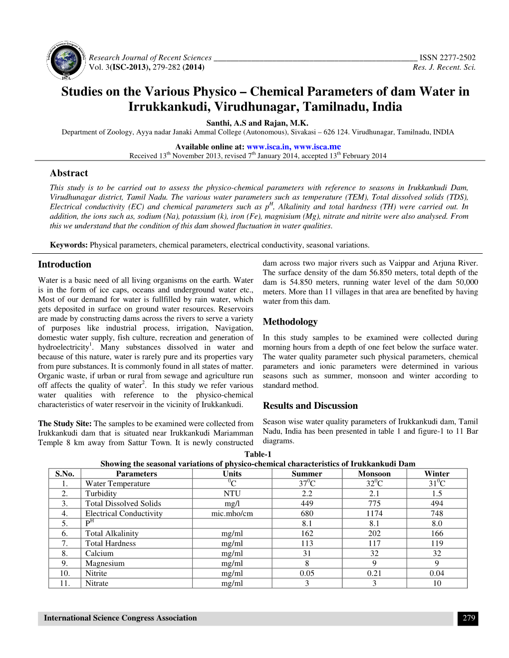 Studies on the Various Physico – Chemical Parameters of Dam Water in Irrukkankudi, Virudhunagar, Tamilnadu, India Santhi, A.S and Rajan, M.K