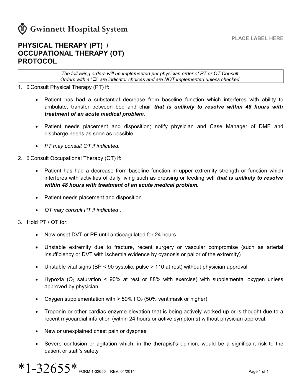 Physical Therapy PT Occupational Therapy OT Protocol