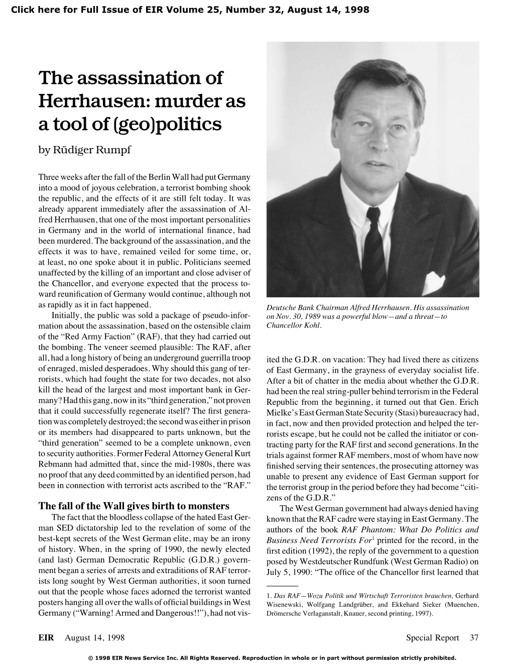 The Assassination of Herrhausen: Murder As a Tool of (Geo)Politics by Ru¨ Diger Rumpf