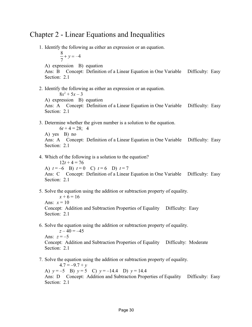 Chapter 2 - Linear Equations and Inequalities