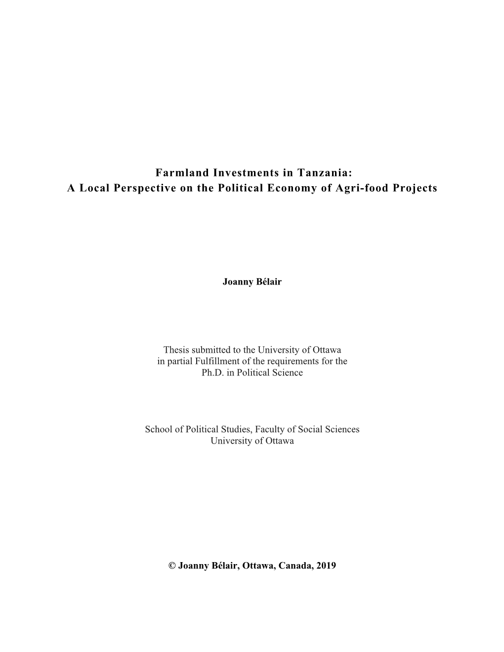 Farmland Investments in Tanzania: a Local Perspective on the Political Economy of Agri-Food Projects