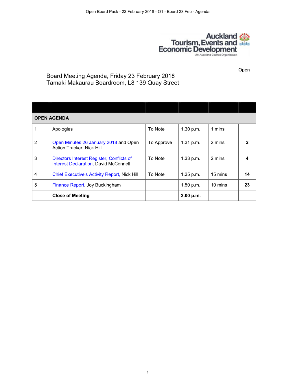 23 February 2018 - O1 - Board 23 Feb - Agenda