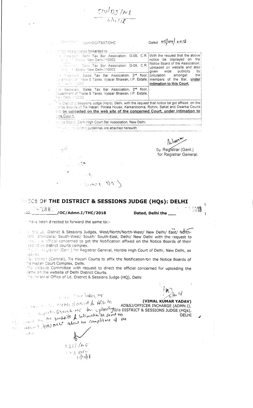 OF the DISTRICT & SESSIONS JUDGE (Hqs): DELHI