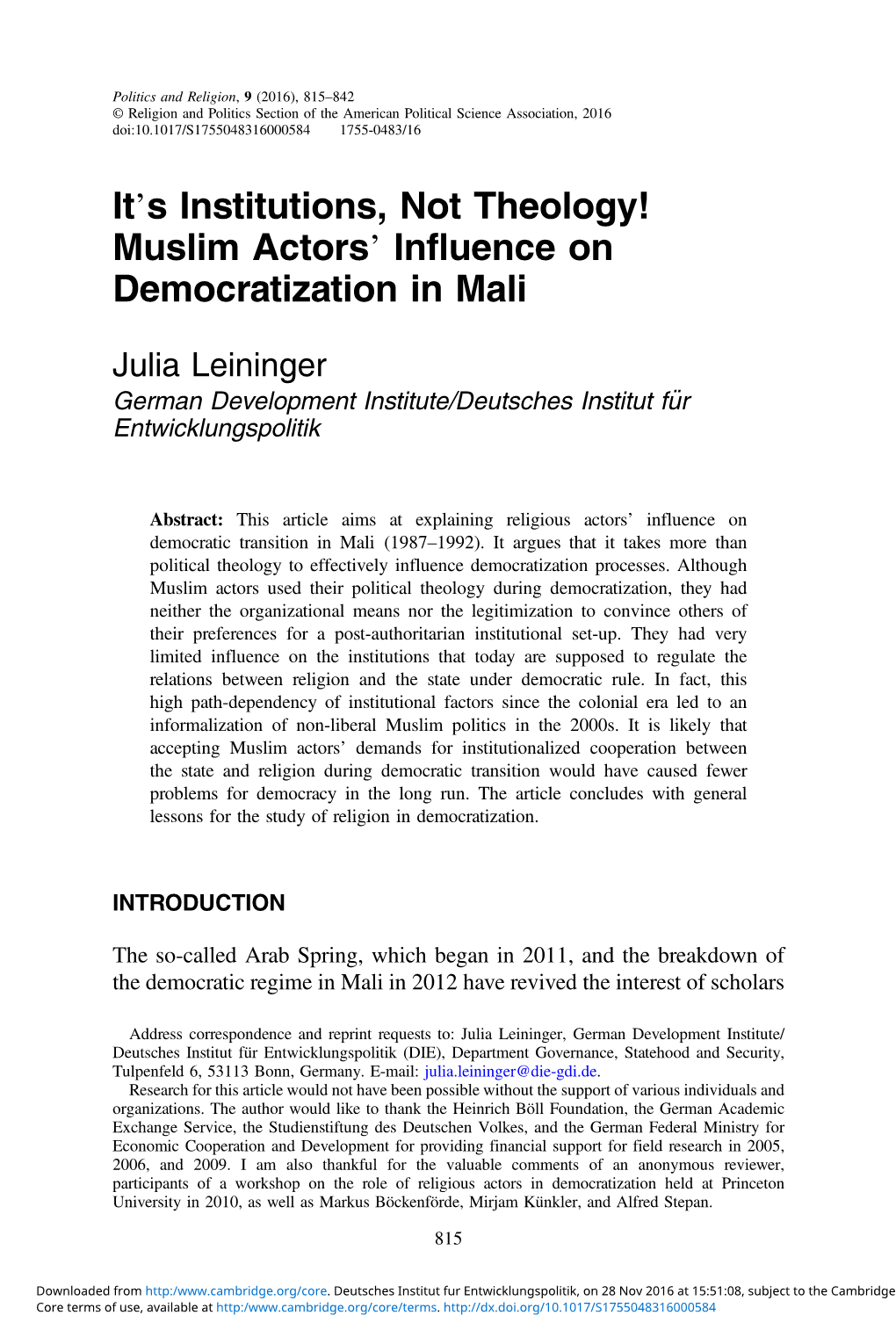 Muslim Actors' Influence on Democratization in Mali