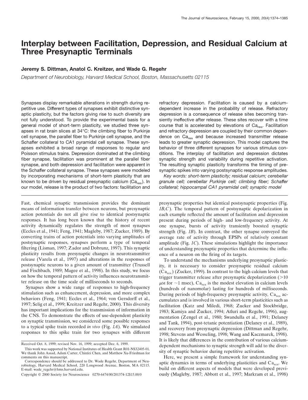 Interplay Between Facilitation, Depression, and Residual Calcium at Three Presynaptic Terminals