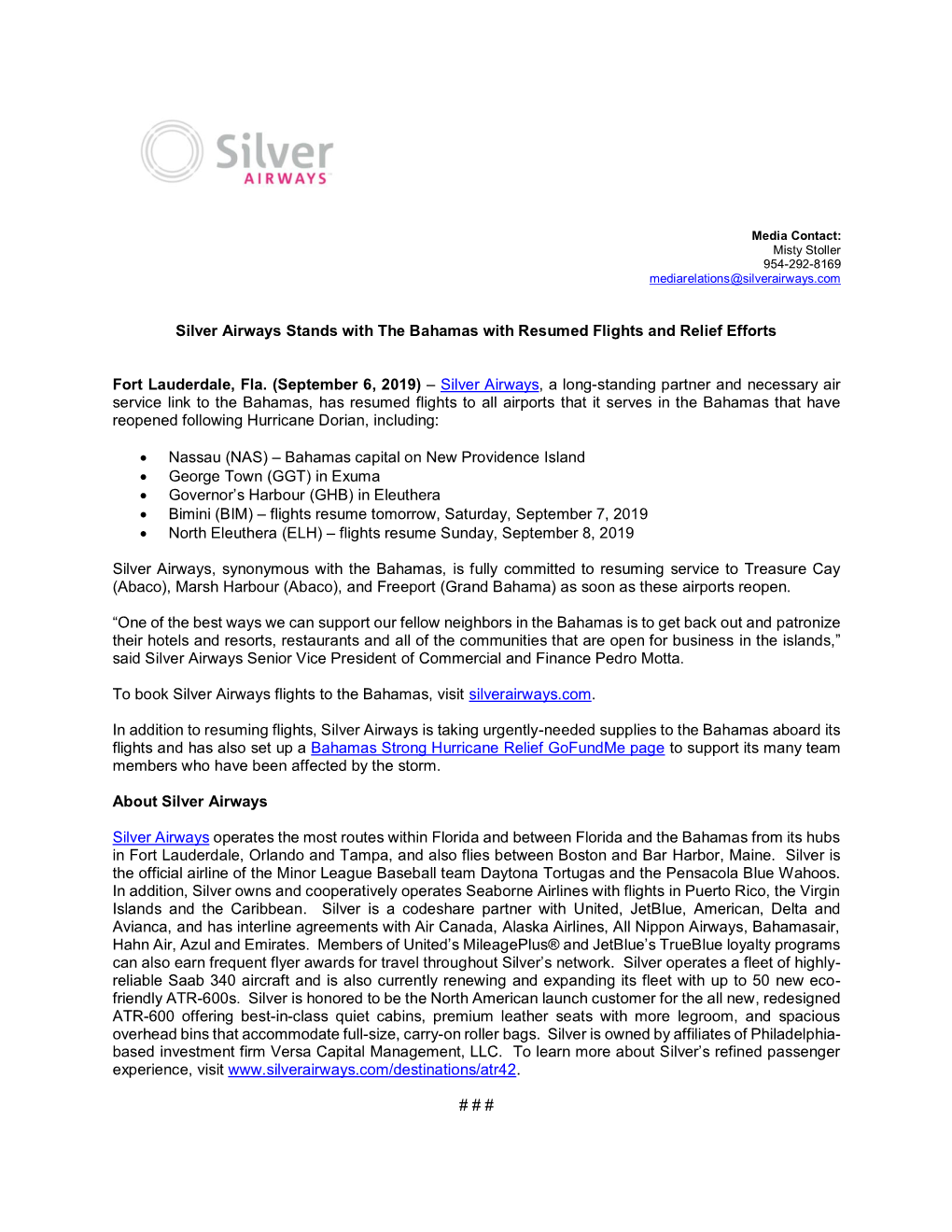 Silver Airways Stands with the Bahamas with Resumed Flights and Relief Efforts