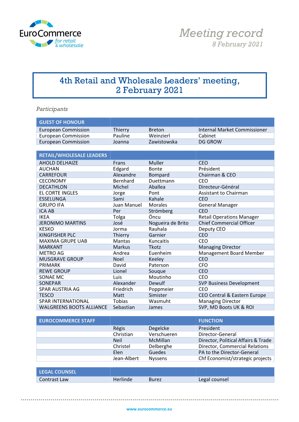 4Th Retail and Wholesale Leaders' Meeting, 2 February 2021