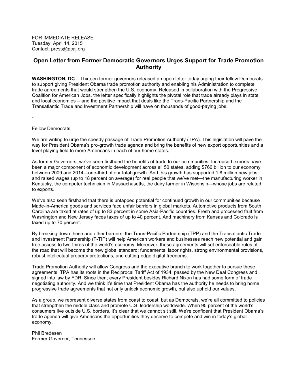 Open Letter from Former Democratic Governors Urges Support for Trade Promotion Authority