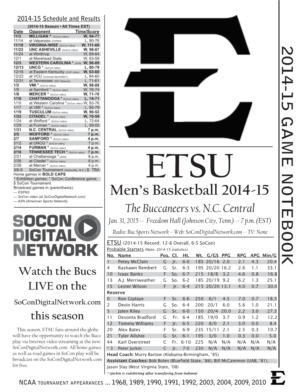 ETSU Vs. NC Central Game Notes