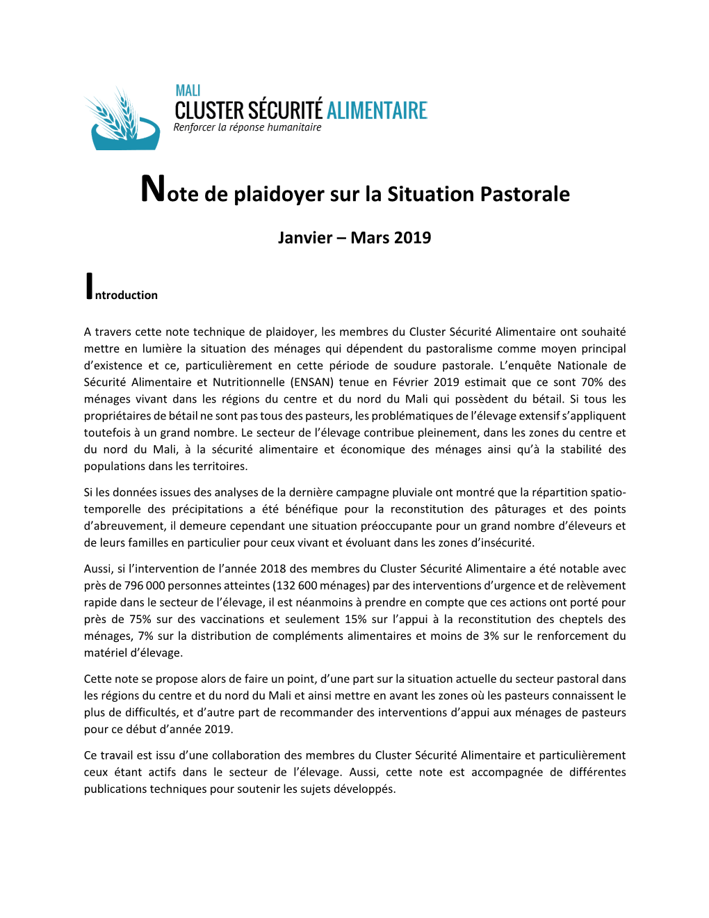 Note De Plaidoyer Sur La Situation Pastorale Janvier – Mars 2019