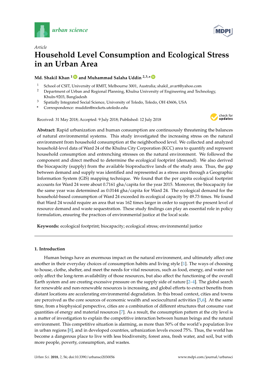 Household Level Consumption and Ecological Stress in an Urban Area
