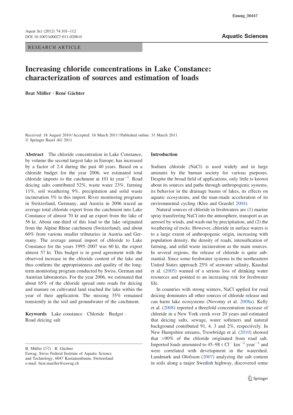 Increasing Chloride Concentrations in Lake Constance: Characterization of Sources and Estimation of Loads