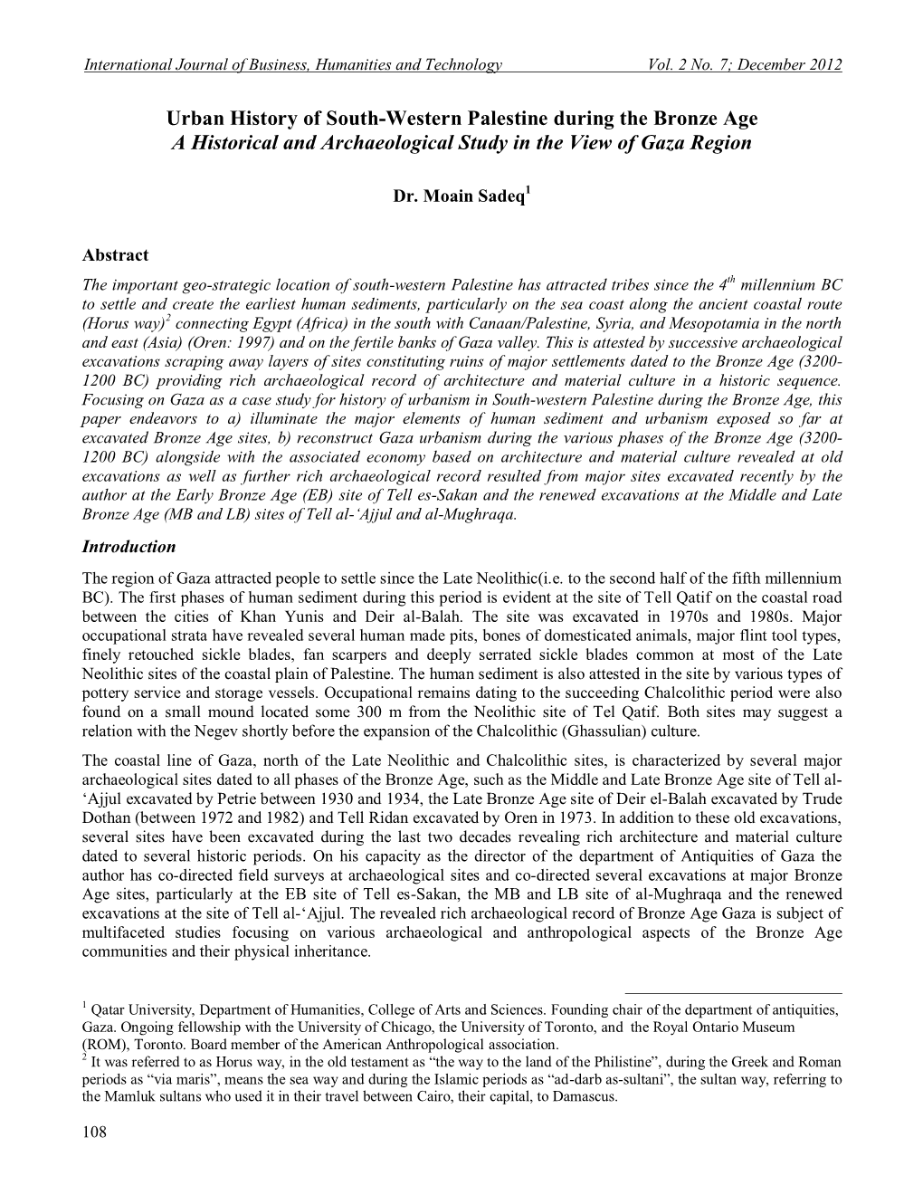 Urban History of South-Western Palestine During the Bronze Age a Historical and Archaeological Study in the View of Gaza Region