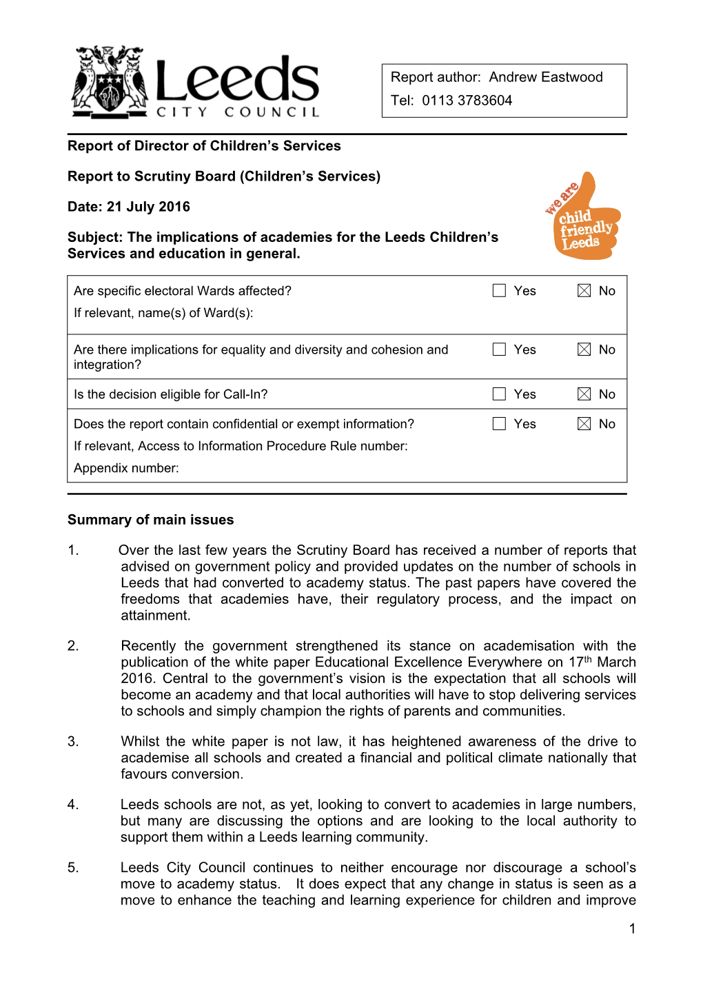 The Implications of Academies for the Leeds Children's Services and Education in General PDF 317 KB