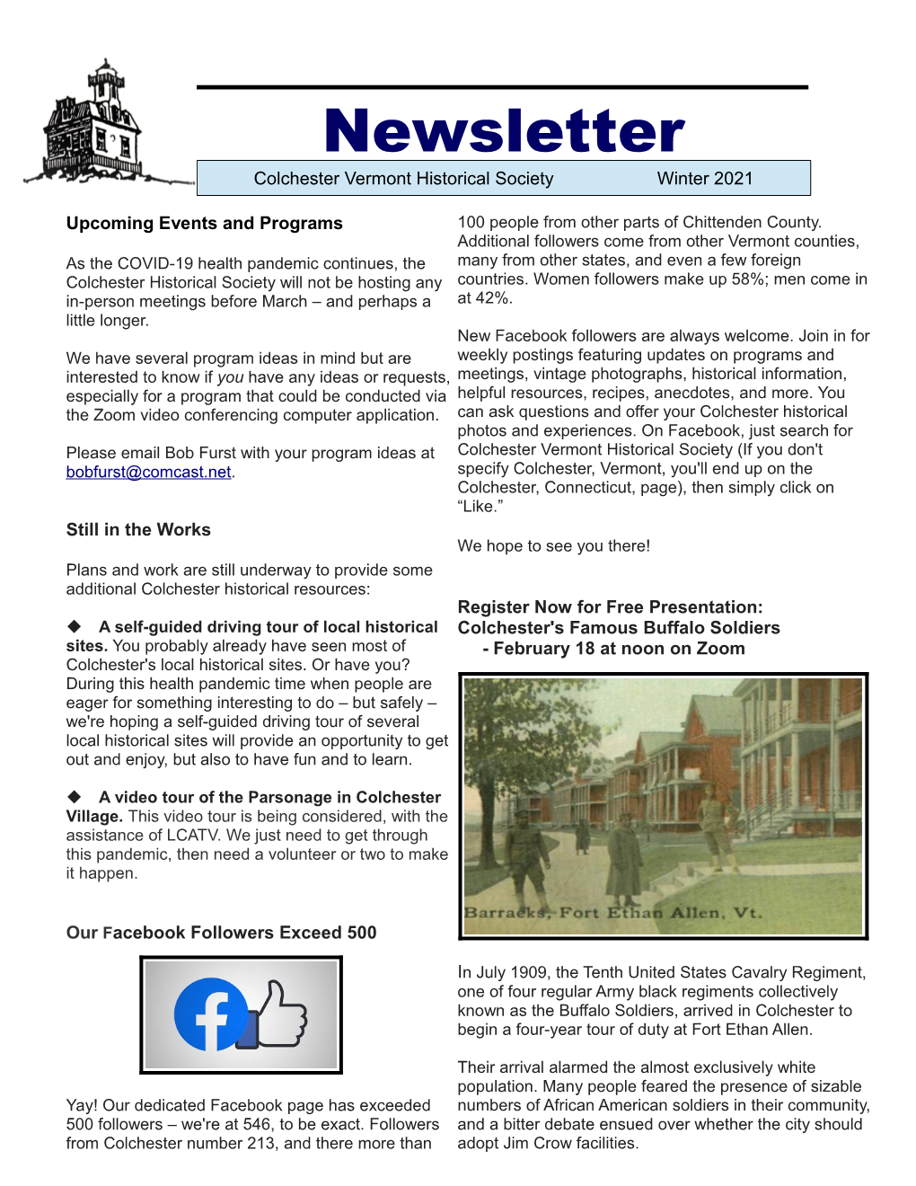 Newsletter Colchester Vermont Historical Society Winter 2021